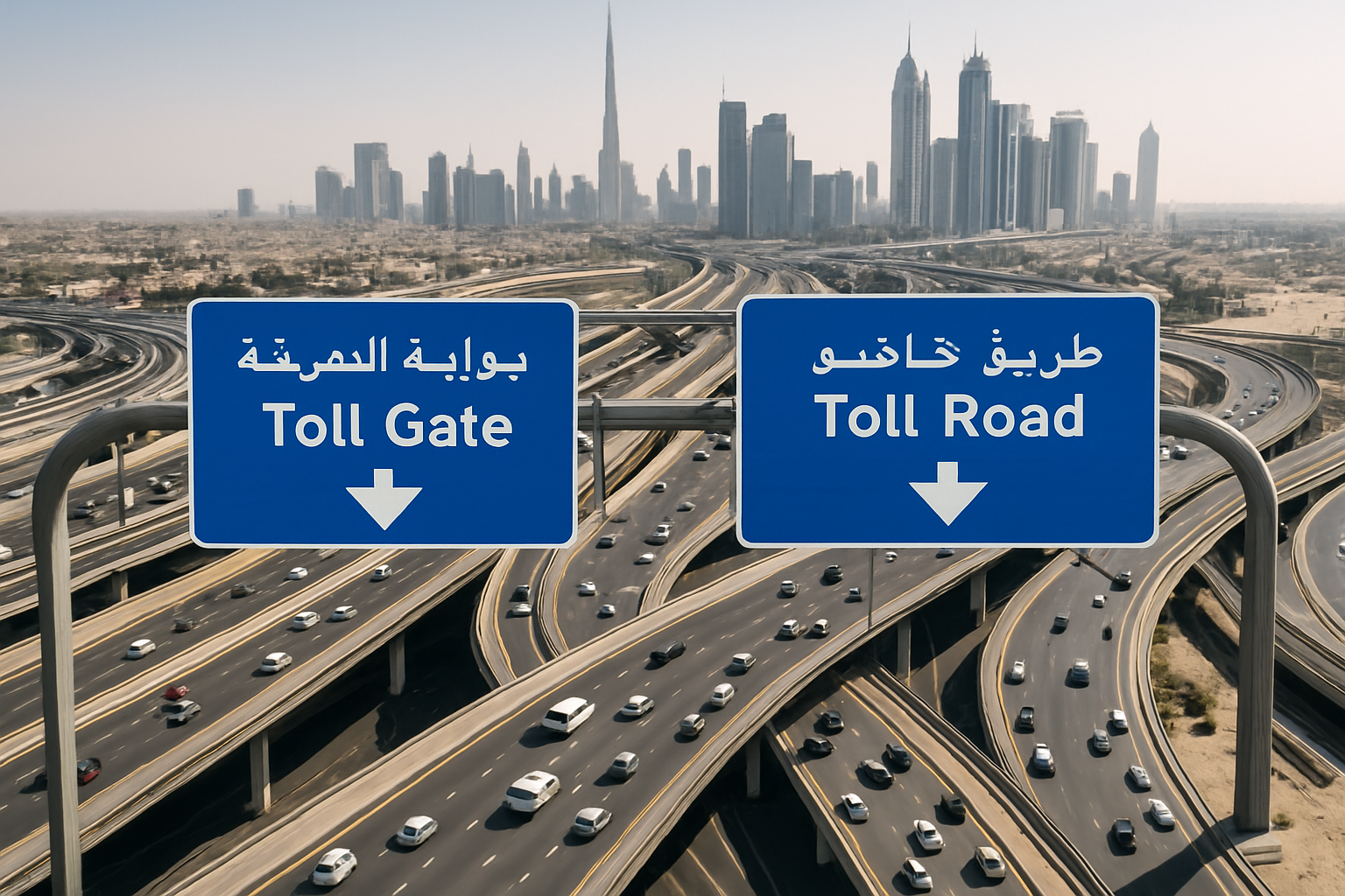 Aerial view of Dubai highways with toll road signs