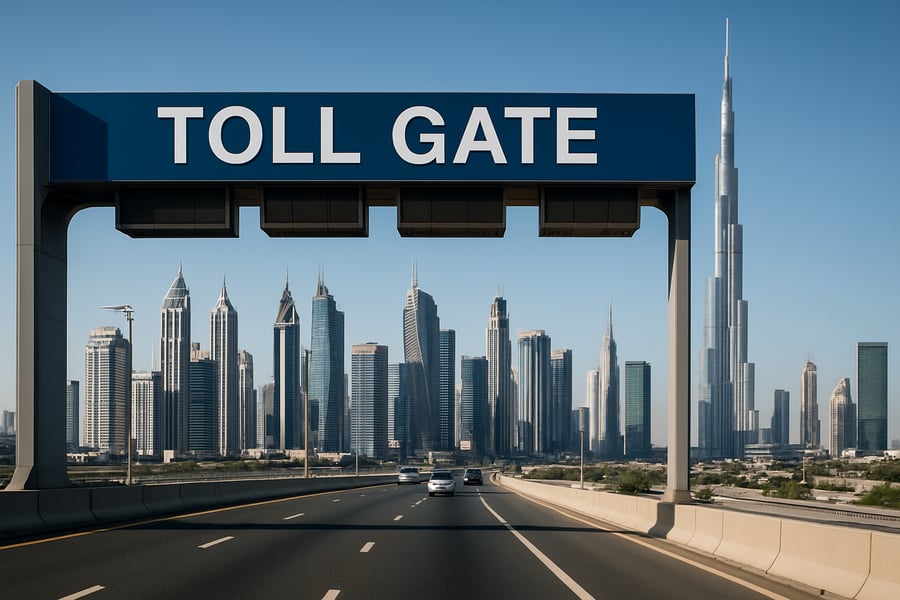 Dubai toll road with modern city skyline Dubai toll road with modern city skyline